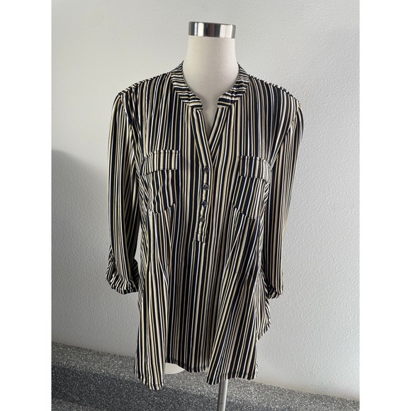 Cocomo Tops - Cocomo Womens XL V Neck 3/4 Sleeve Striped Knit Tunic Top Black Yellow White